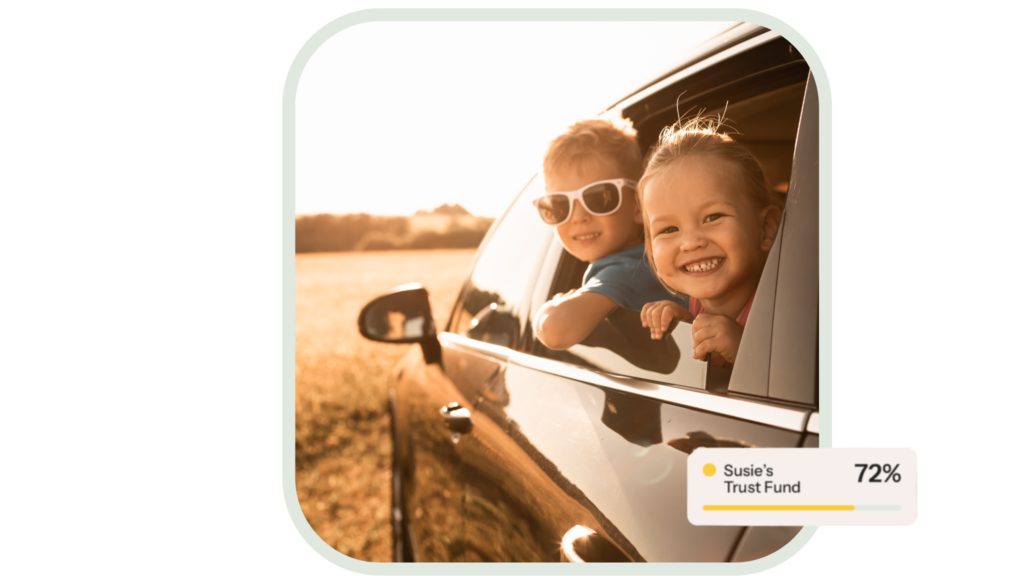 Two children looking out of the car window smiling. The boy has sunglasses on.