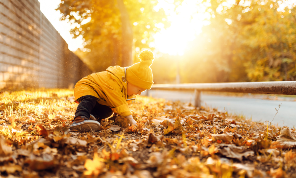 Child playing in autumn in the cotswolds